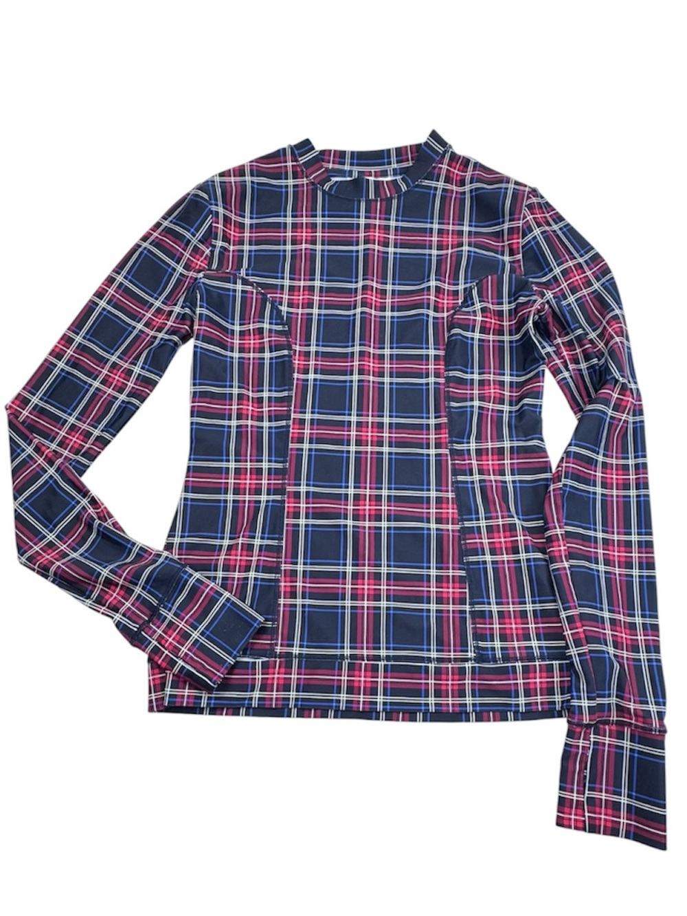 Ganni Blouse Women’s Size 34 US 4 Navy Blue Red Stretch Plaid Long Sleeve Top